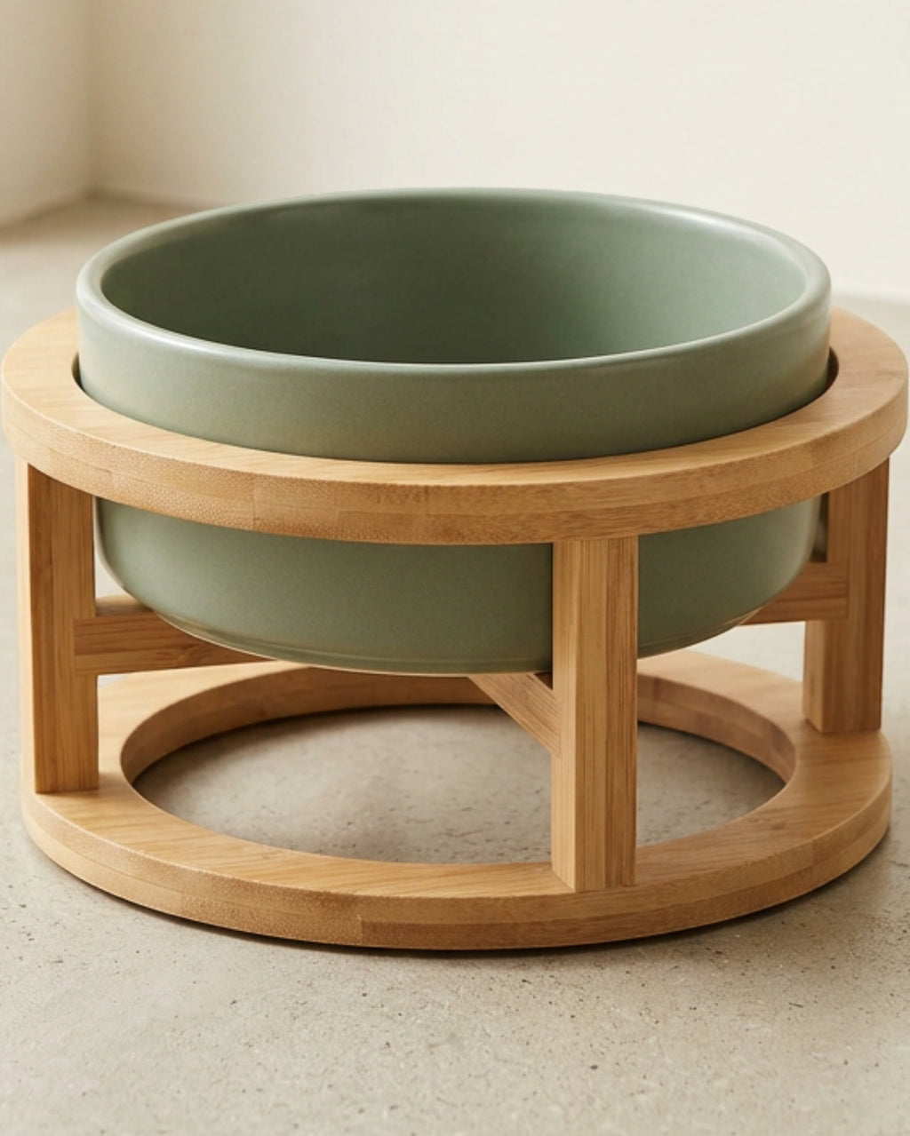 Lmnzk.shop Ceramic Pet Bowl with Bamboo Stand 28 oz Sage Green - Lifestyle view