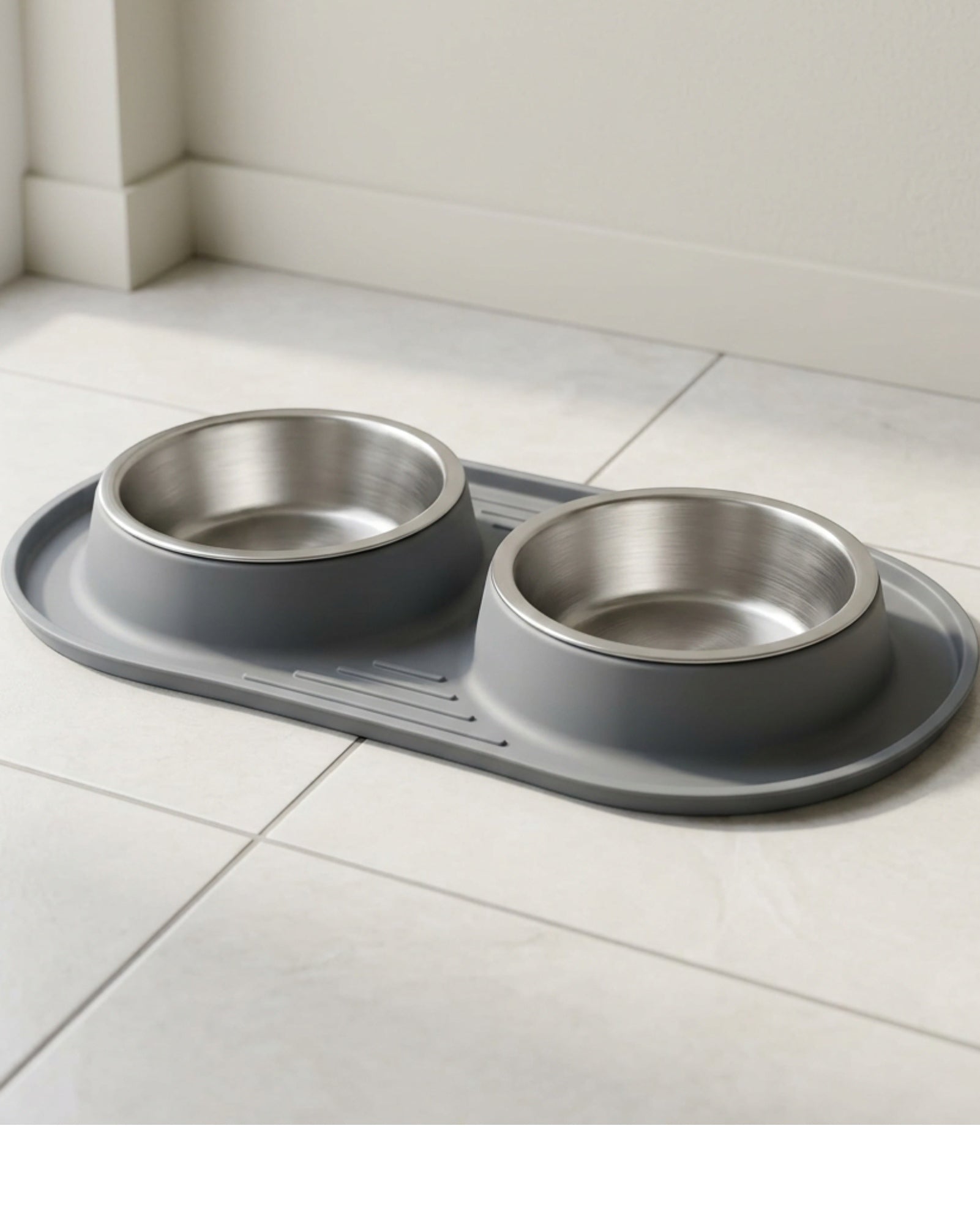 Lmnzk.shop Dual Stainless Steel Pet Bowl Set with Silicone Base 24 oz Gray - Lifestyle view